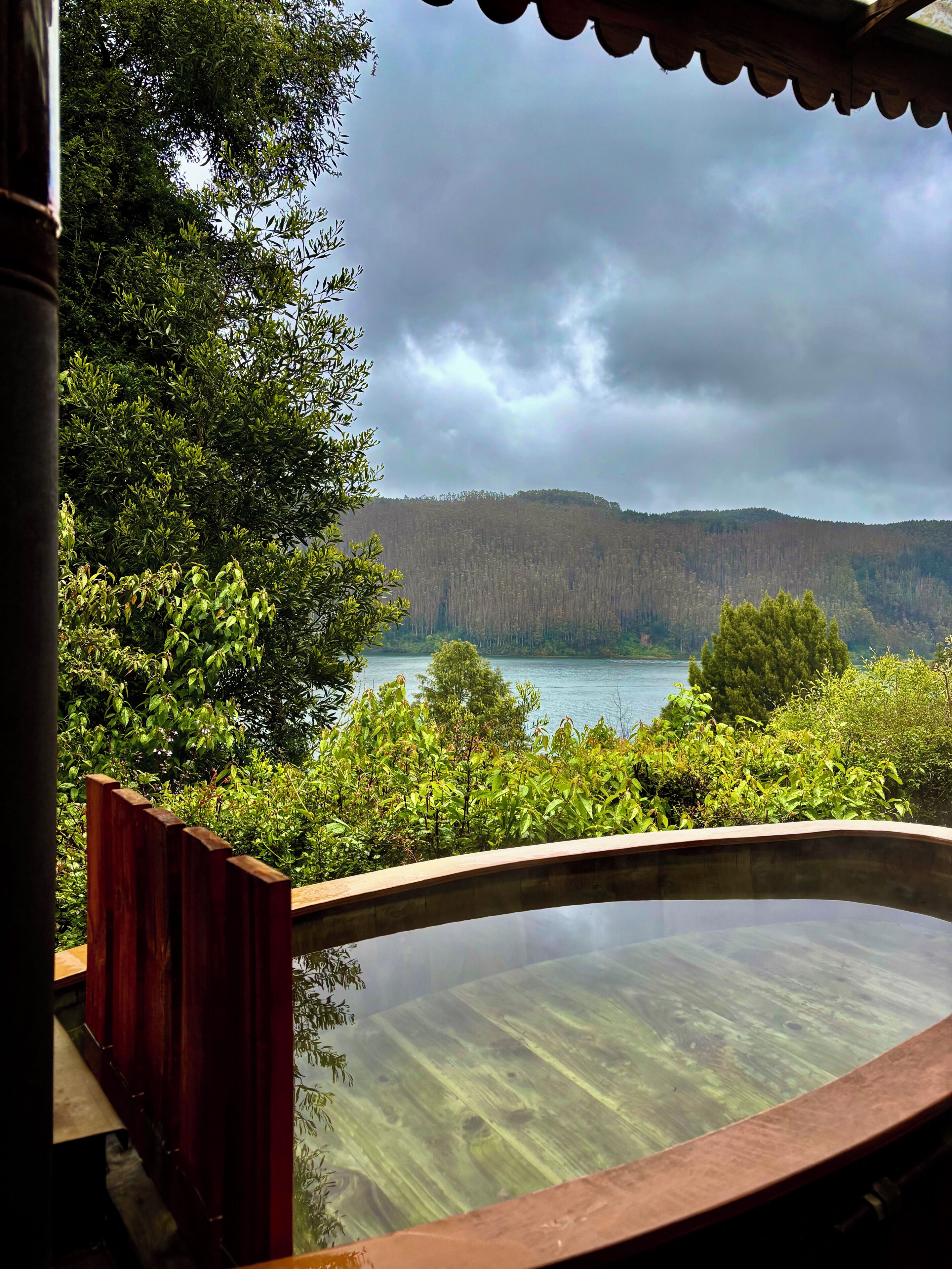 Un jacuzzi con vistas a un lago y colinas boscosas.