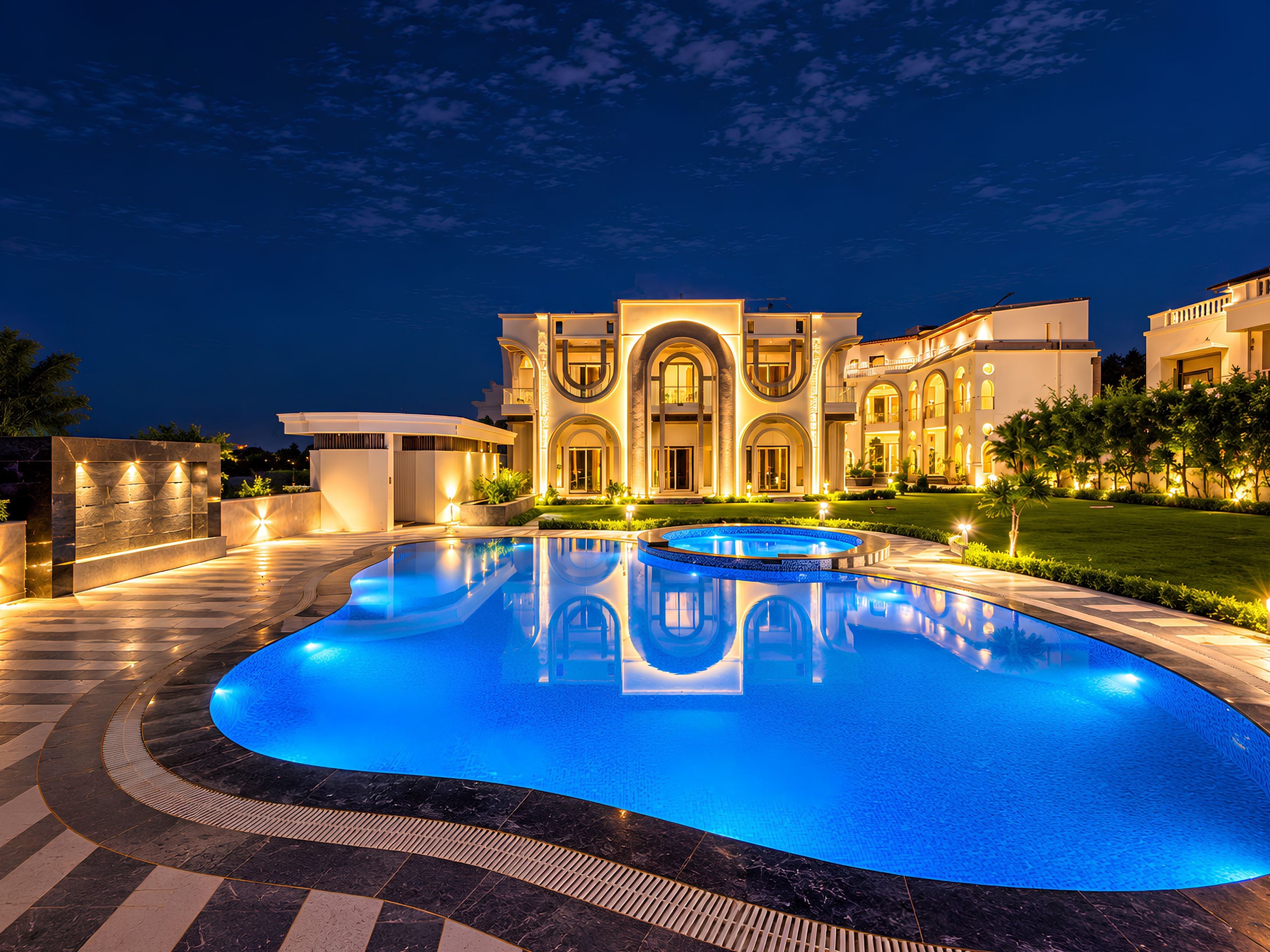 A large, well-lit swimming pool with a reflection of the building in the water, surrounded by a landscaped garden and a grand building with multiple arches and balconies.