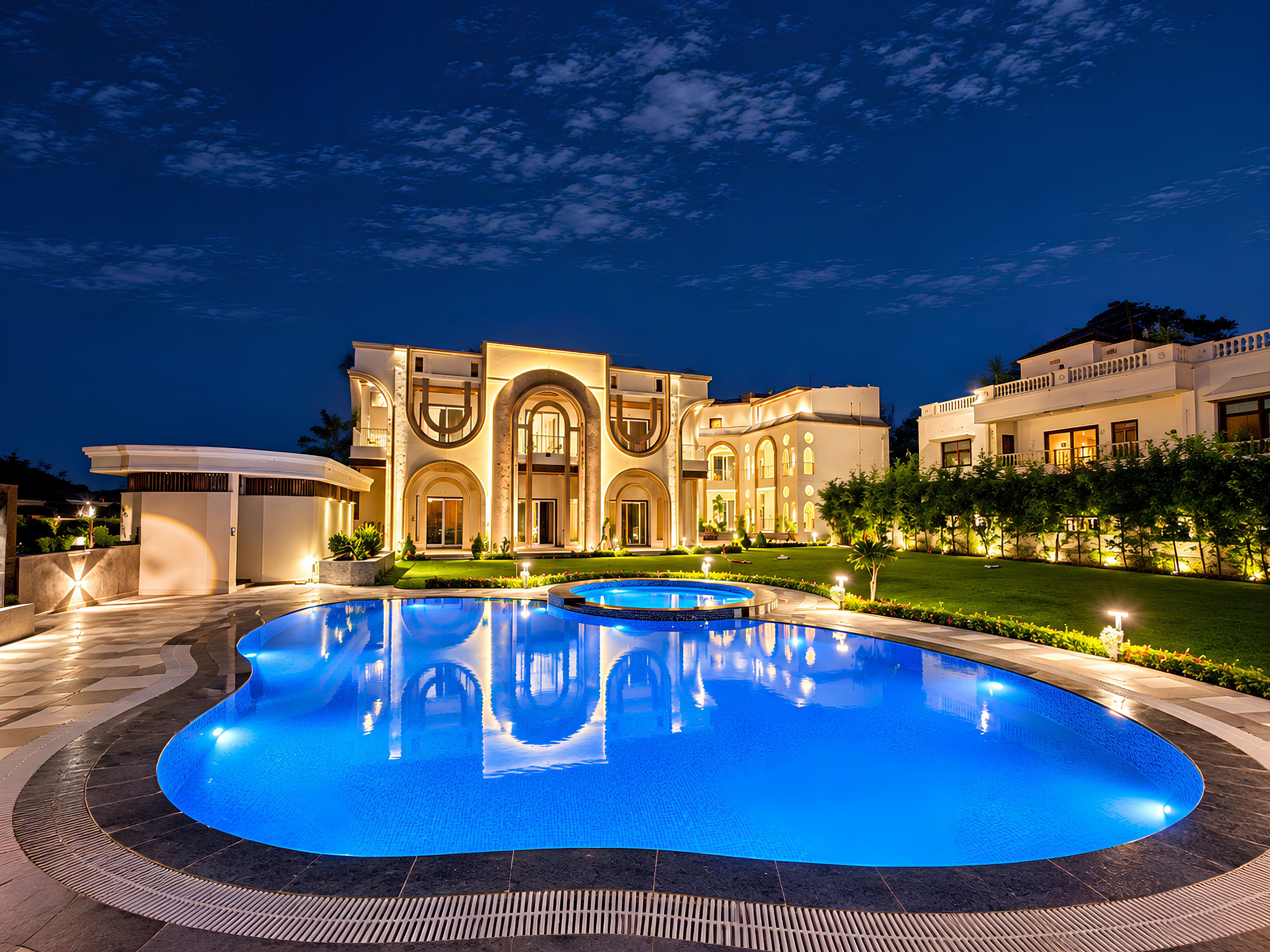 A large, modern building with a pool in front.