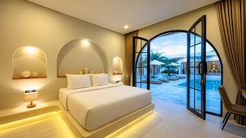 Habitación de lujo doble, 1 cama de matrimonio grande, no fumadores, vistas a la piscina | Sábanas de algodón egipcio y ropa de cama de alta calidad