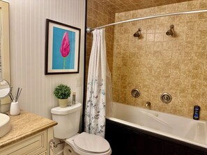 A bathroom with a toilet, sink, framed artwork, shower, and bathtub.