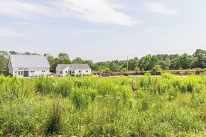 Une ferme blanche à toit métallique, entourée de champs verdoyants et de quelques arbres en arrière-plan.