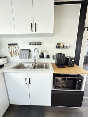 Una cocina compacta con pileta, hornalla, microondas y cafetera.
