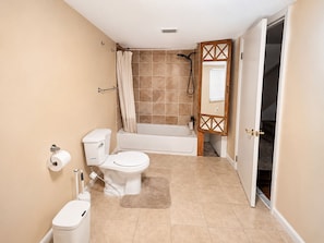 A bathroom with a toilet, bidet, shower, and bathtub.