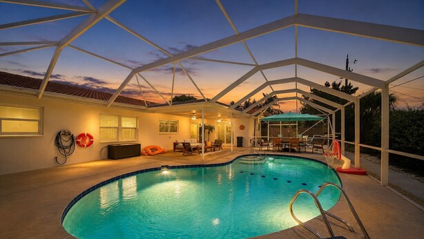 An indoor swimming pool with a covered patio area, lounge chairs, and a basketball hoop. - Private House - Pool, Firepit, Dog Friendly, Walk to Beach, FREE EV Charger (Cocoa Beach)