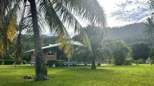 Un edificio con fachada roja, rodeado de un césped cuidado y palmeras.