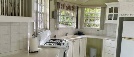 A kitchen with white cabinets, a gas stove, a sink, and a trash can.