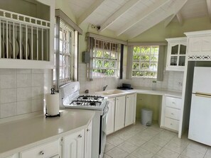 Una cocina con armarios blancos, estufa a gas, pileta y basurero.