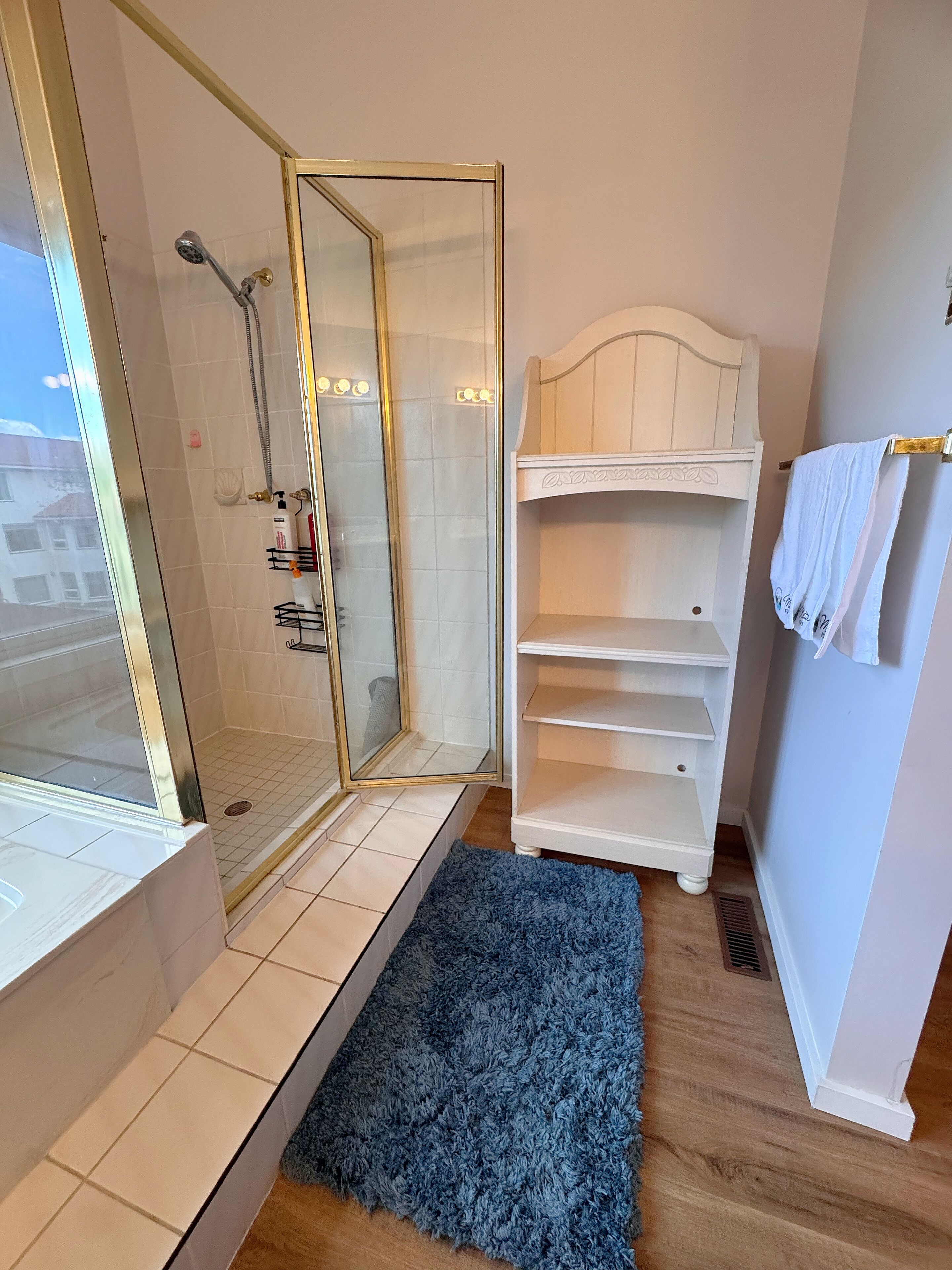 A bathroom with a glass-enclosed shower, a white vanity with shelves, and a blue rug.