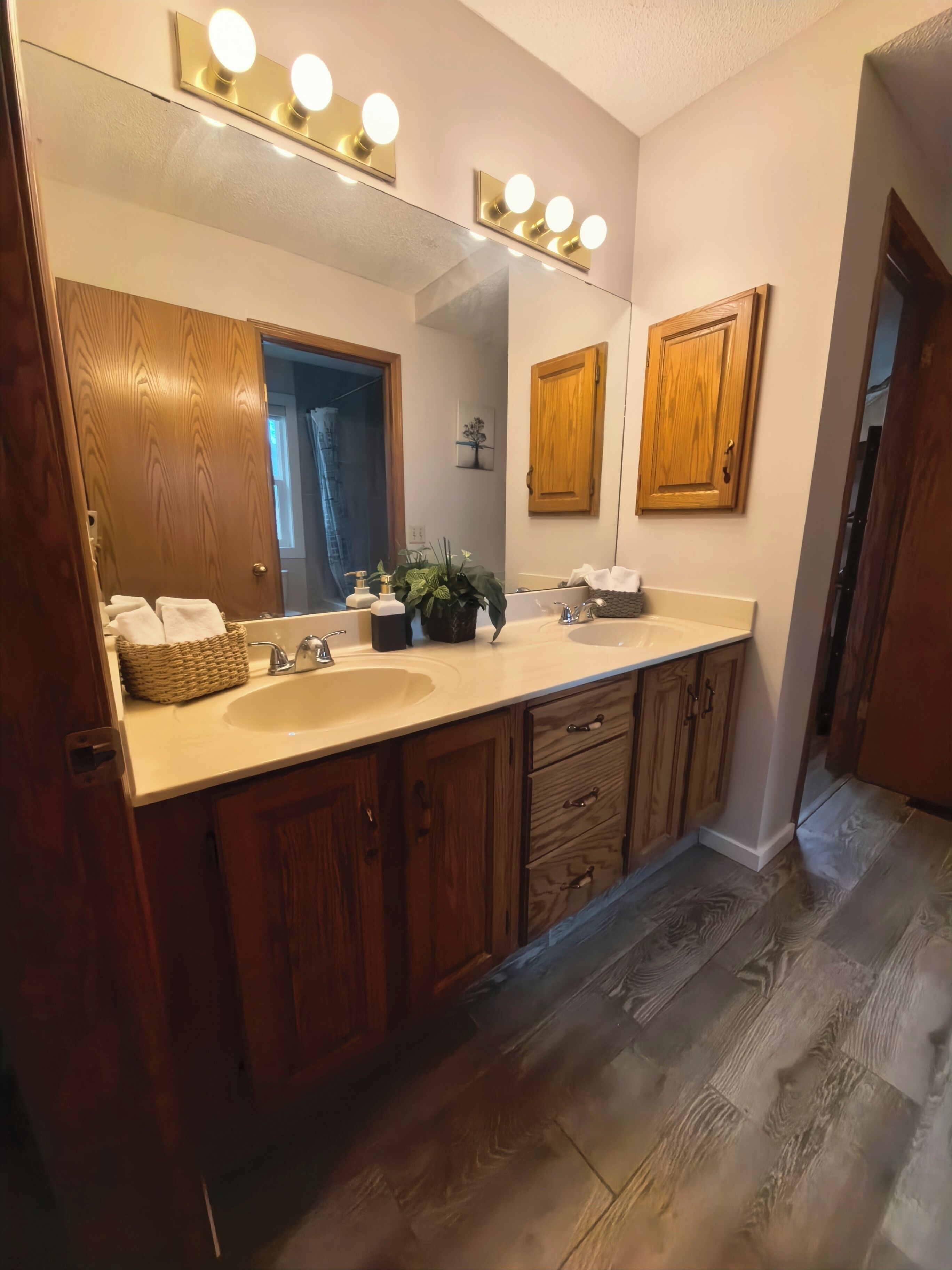 A bathroom with wooden cabinets, a double sink, a large mirror with lights, and a potted plant.
