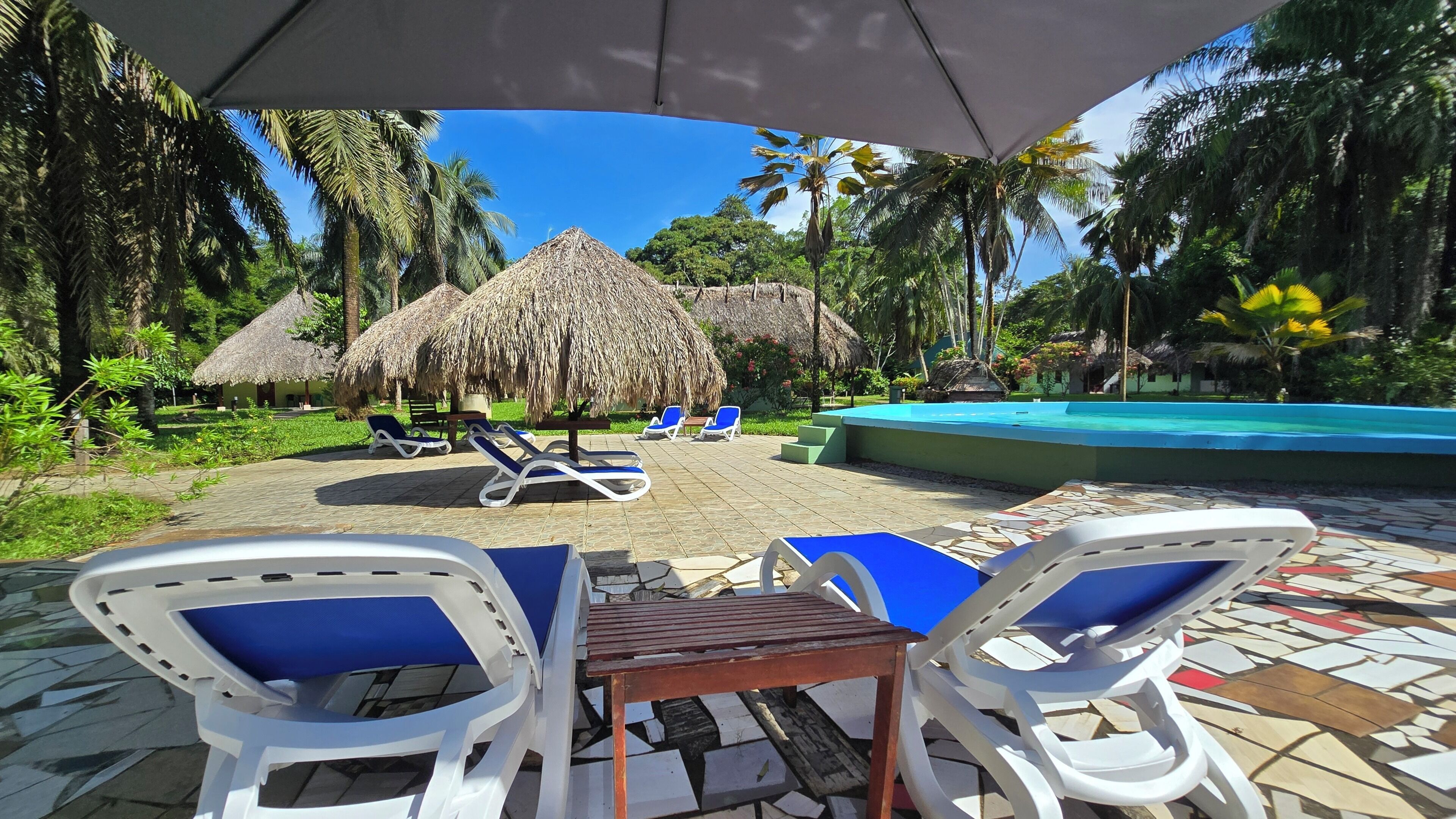 A poolside area with lounge chairs, a table, and thatched umbrellas.