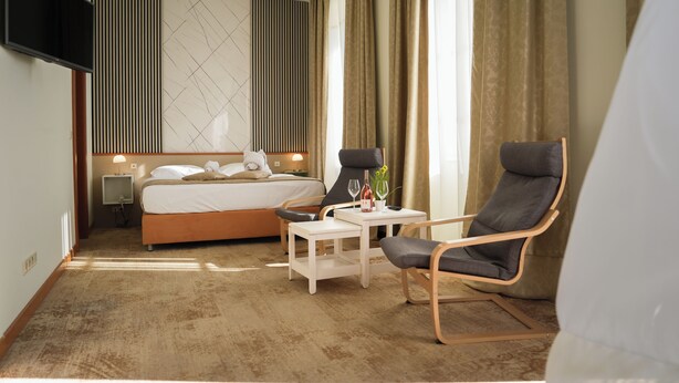 A hotel room with a bed, a chair, a small table, and a TV. - Hotel APOKSIOMEN (Mali Lošinj)