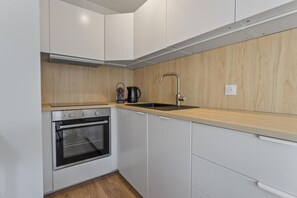 A compact kitchen with a built-in oven, a sink with a modern faucet, and wooden wall paneling. - 100m from ski slopes, 1st floor, view mountain, balcony, tv, 38m², Les Orres (Les Orres)