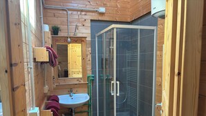 A wooden cabin bathroom with a glass shower enclosure, a sink, and a toilet.