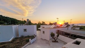 Terraço no telhado com antenas parabólicas, uma pequena árvore e um caminho pavimentado.