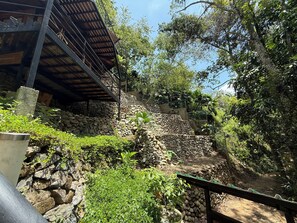 Un muro de piedra con vegetación, una escalera de metal y una estructura de madera.