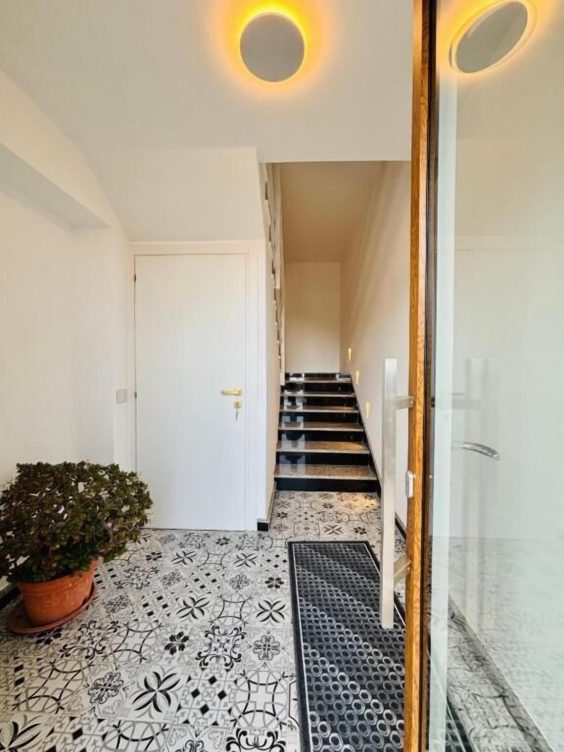 A hallway with a patterned floor, a potted plant, and a door at the end.