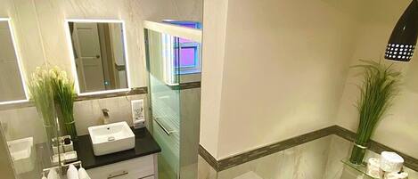 A modern bathroom with a glass shower enclosure, a white sink, and a toilet.