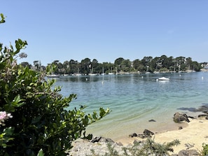 En tydlig vy över ett kustområde med båtar, en sandstrand och täta träd i bakgrunden.