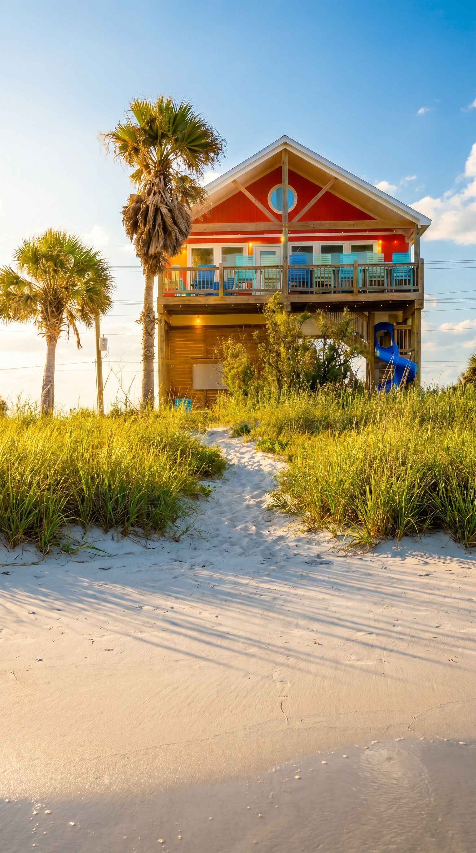 A beachfront property with a red and white building, a sandy path leading to it, and palm trees.