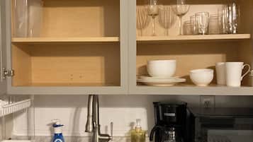 Coffee/tea maker, fridge, microwave, electric kettle