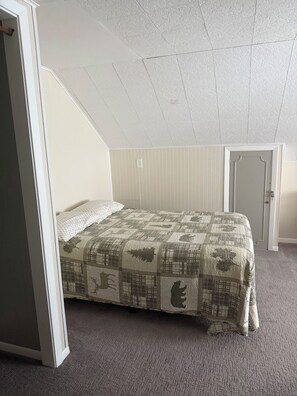 A bedroom with a single bed, a door, and a sloped ceiling. - Lovely 3-bedroom cabin with AC in cool Longville (Longville)