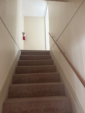A staircase with carpeted steps and wooden handrails, leading to a white door with a fire extinguisher mounted on the wall. - Lovely 3-bedroom cabin with AC in cool Longville (Longville)