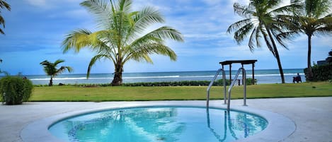 Une piscine avec vue sur l’océan, entourée de palmiers et d’une pelouse.