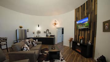 Smart TV, fireplace, DVD player, video library
