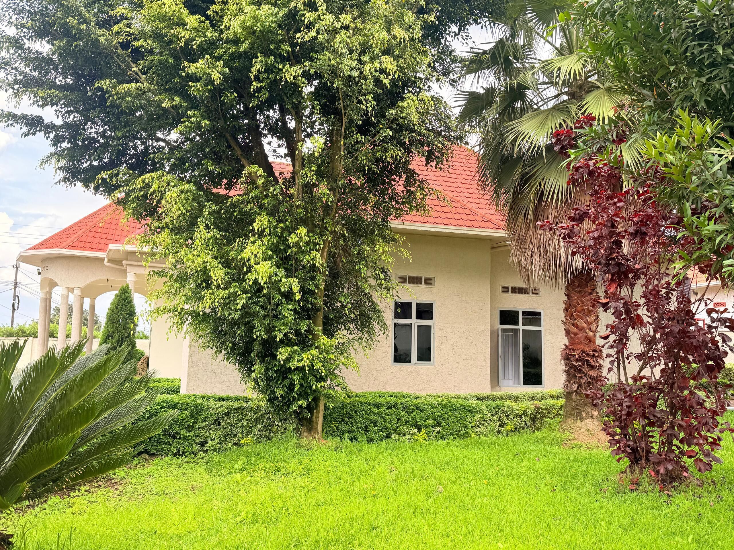 Uma casa com telhado vermelho, uma grande árvore em frente e um gramado bem cuidado.