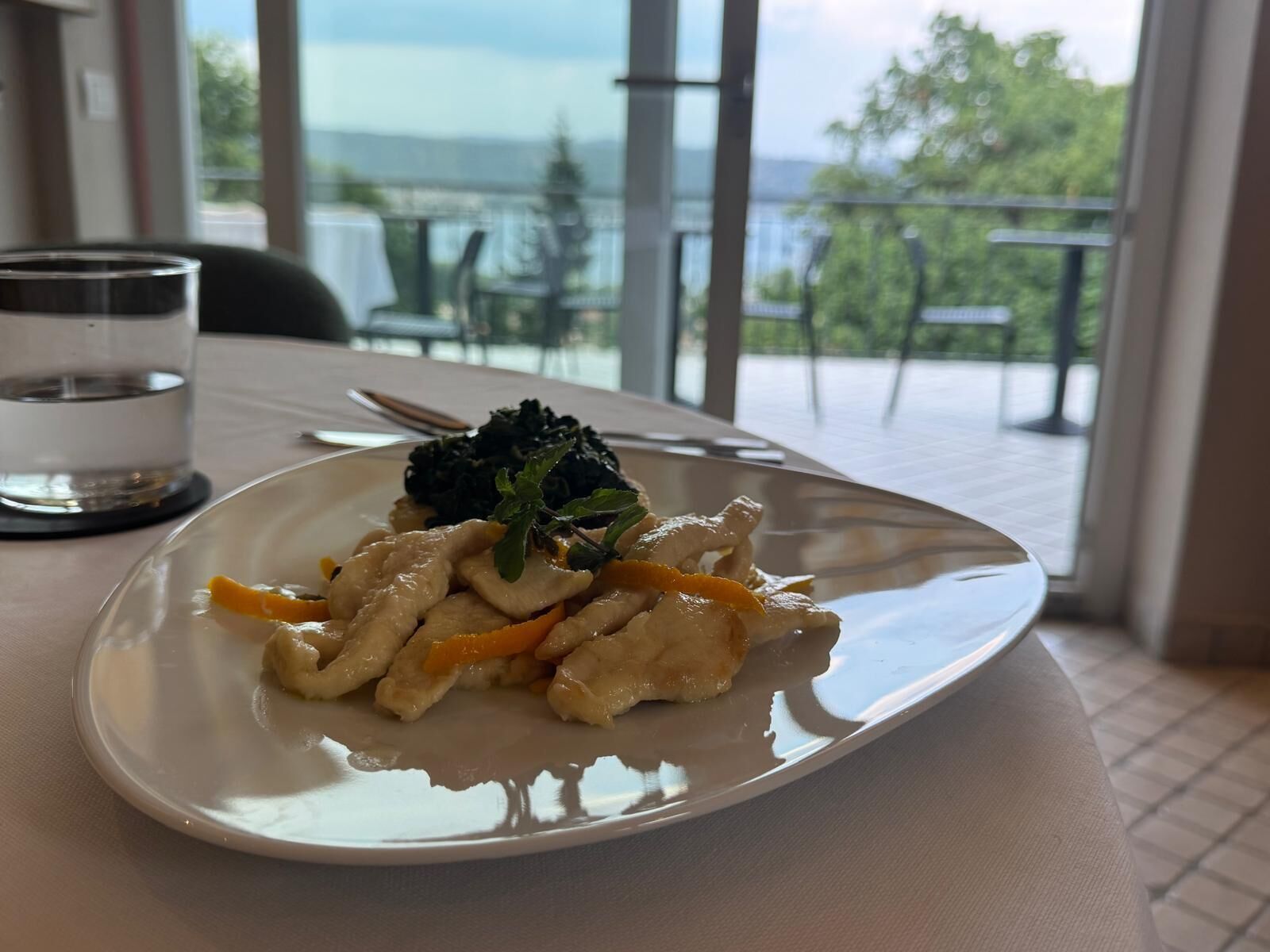 A plate of food on a table with a glass of water and a view of the outdoors.