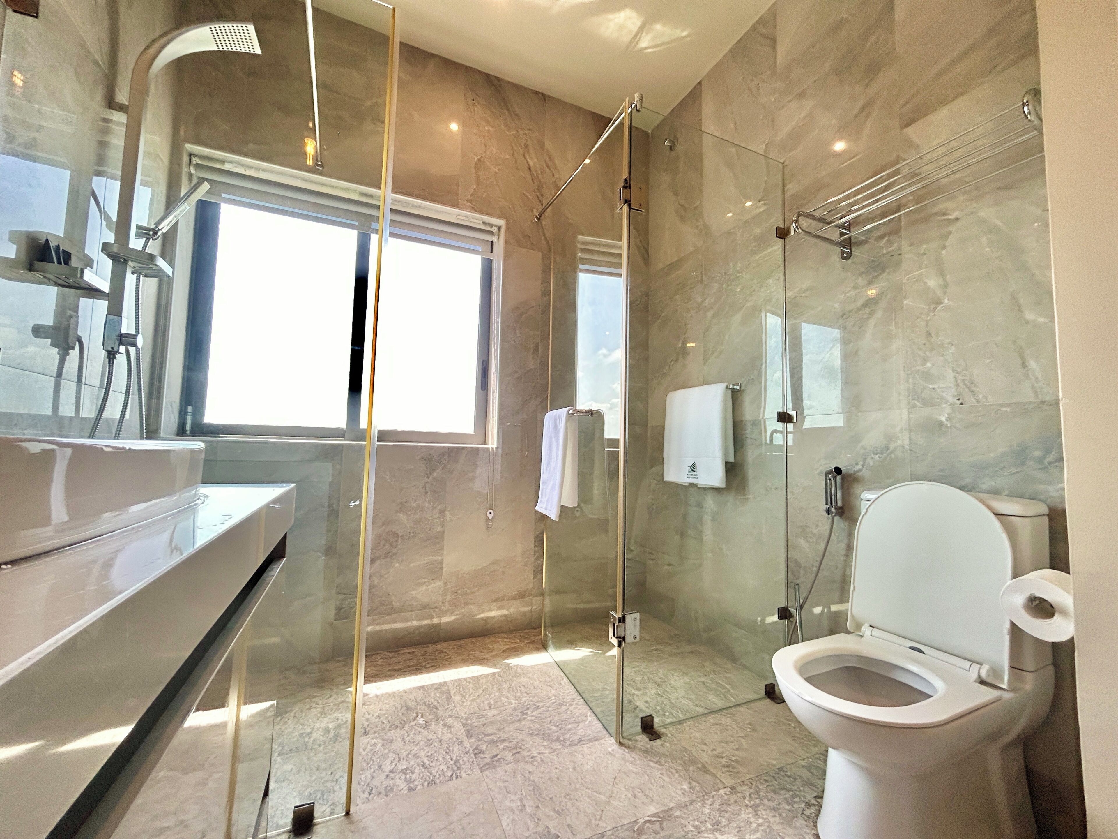 A modern bathroom with a glass-enclosed shower, a toilet, and a large mirror above the sink.
