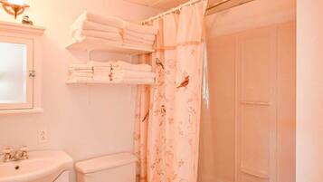 Hair dryer, towels, soap, toilet paper