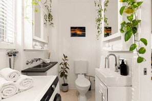 A modern bathroom with a sink, toilet, and a mirror. - Charming Leichhardt Cottage with BBQ Deck (Leichhardt)