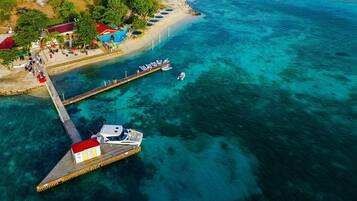 An aerial view of a coastal area with a pier extending into turquoise waters, a boat docked at the pier, and a beach with umbrellas and people.