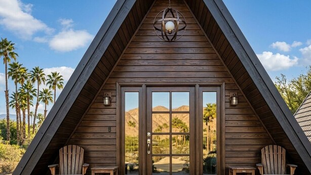 Eine Holzhütte mit Satteldach, einer großen Glasdoor und zwei Adirondack-Stühlen vor der Tür.