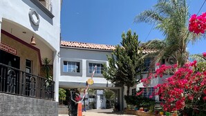 A building with a reception area, a gated entrance, and a paved pathway lined with potted plants.