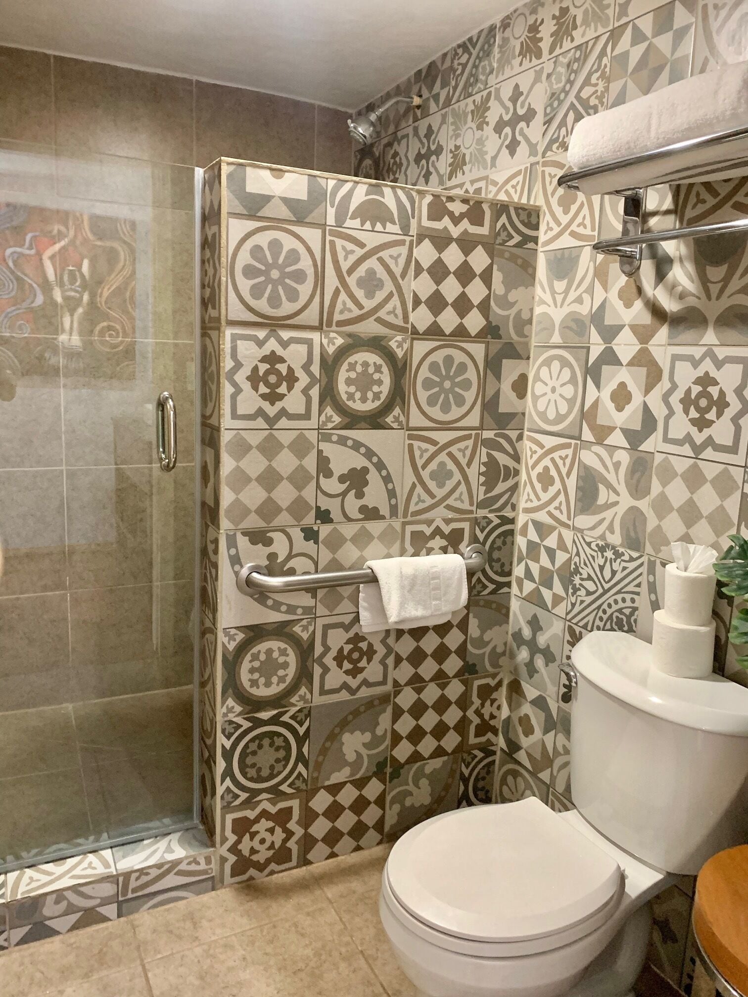 A bathroom with patterned tiles, a glass shower enclosure, a toilet, and a towel rack.