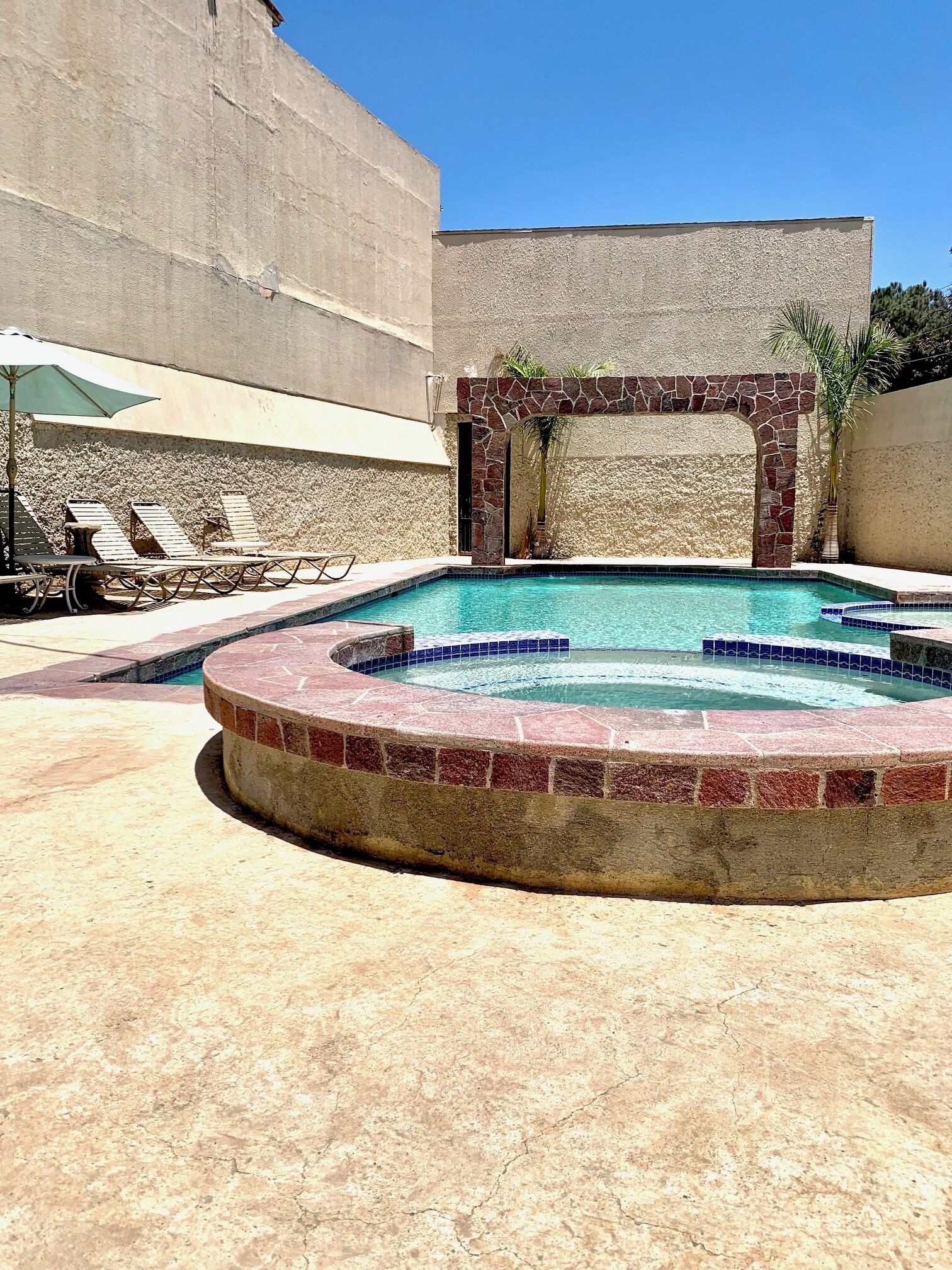 A swimming pool with a stone archway, lounge chairs, and a palm tree.