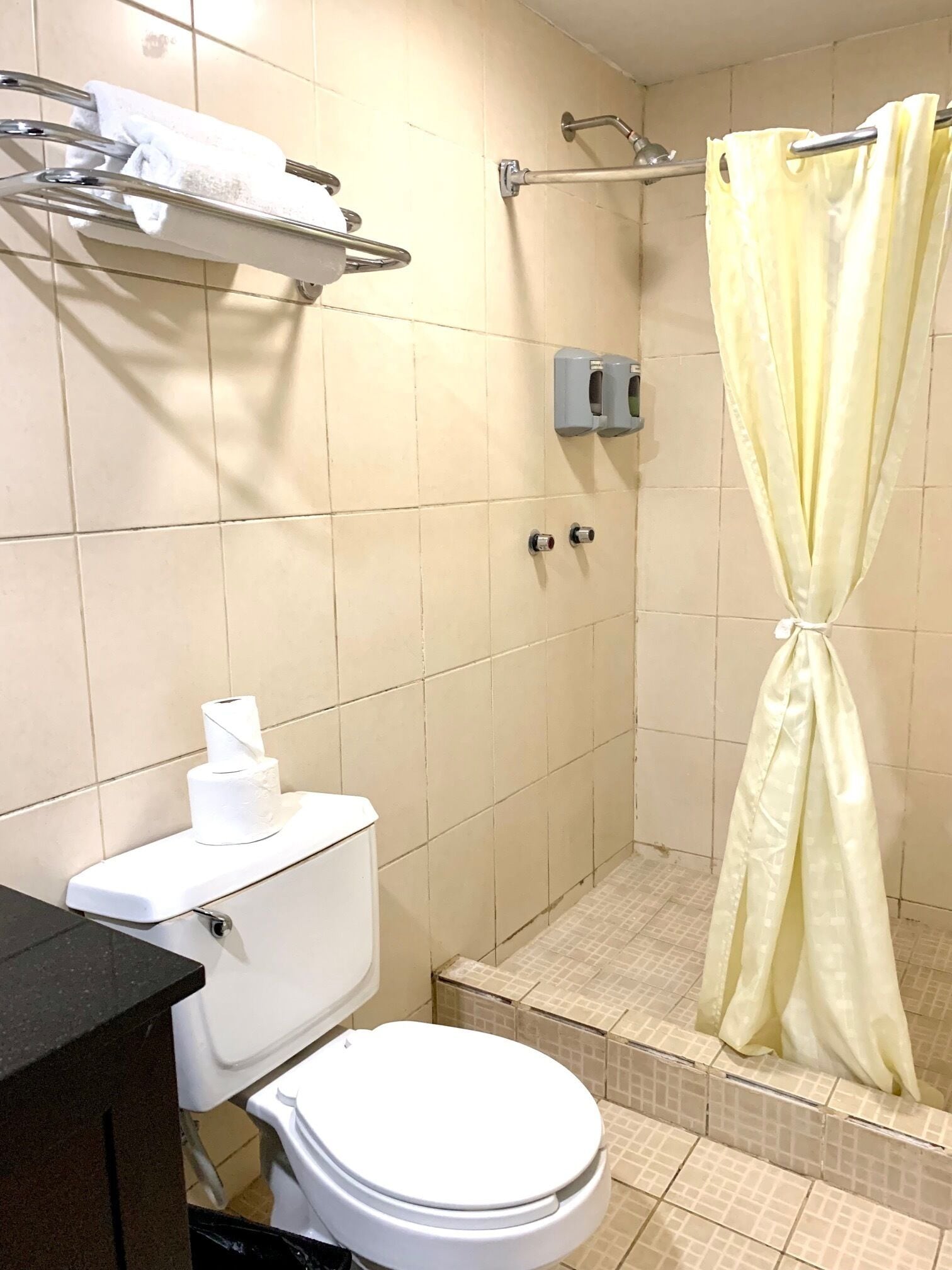 Shower, towels, soap, shampoo