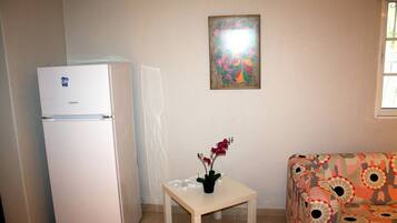 A small room with a white refrigerator, a table with a potted plant, a colorful patterned sofa, and a wall with a framed artwork.