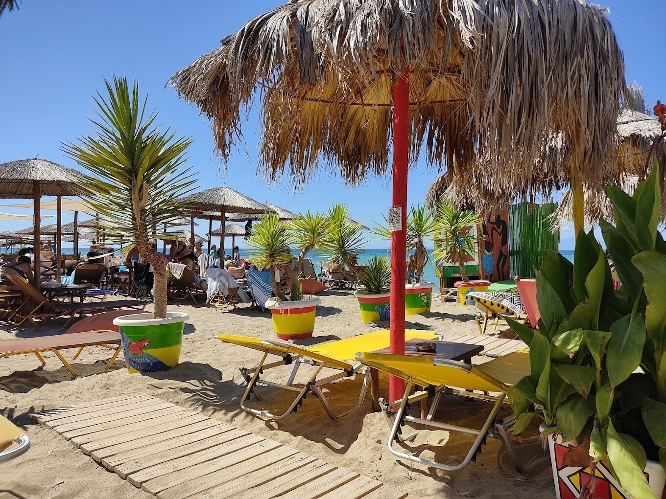 Ein Strand mit Liegestühlen, Reetdachsonnenhütten und Blumentöpfen.