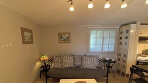 Un salon comprenant un canapé, une petite table, une fenêtre et un coin cuisine.
