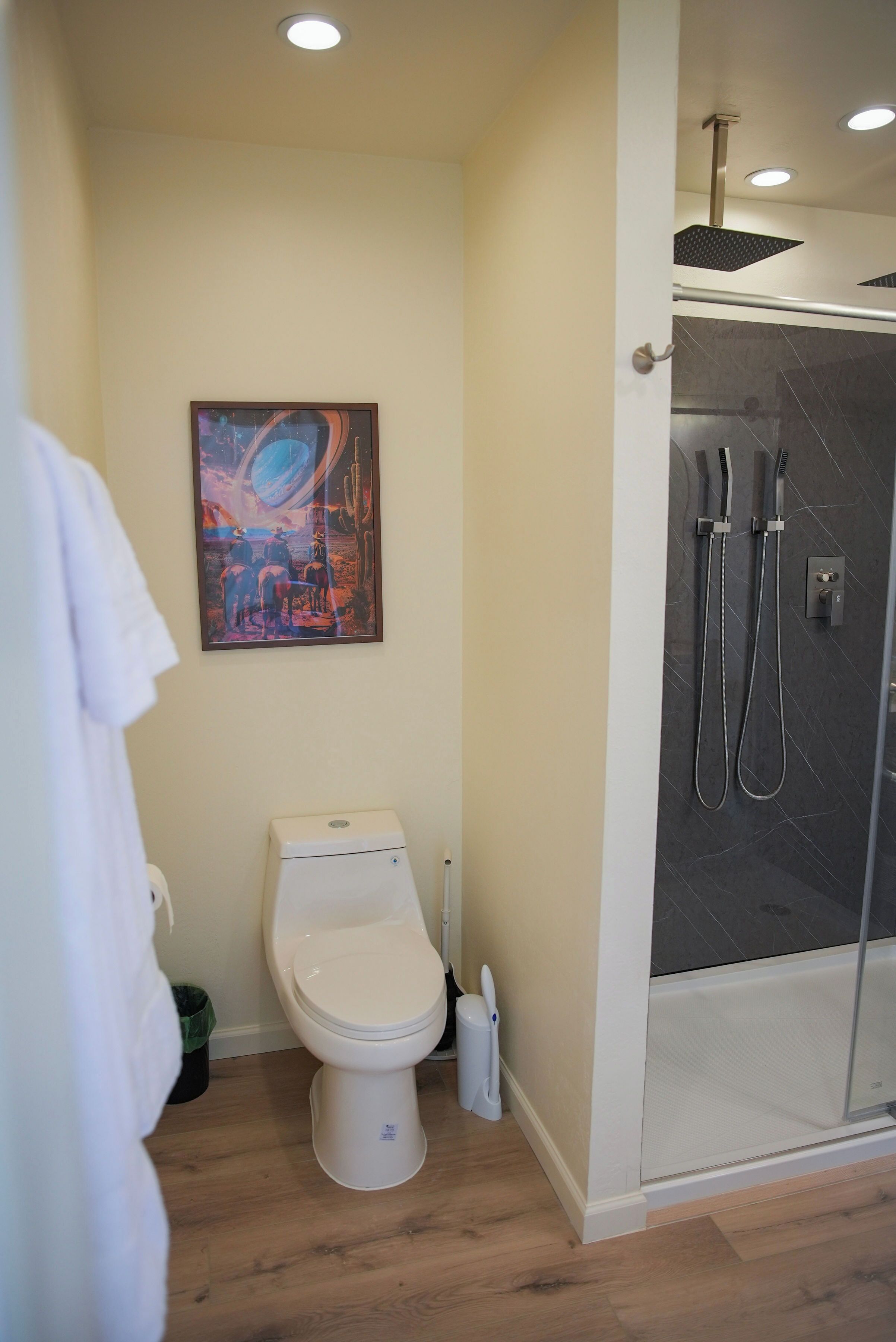 Ein Badezimmer mit Toilette, einer Dusche inklusive mehrerer Brauseköpfe und einem an der Wand hängenden Bild.