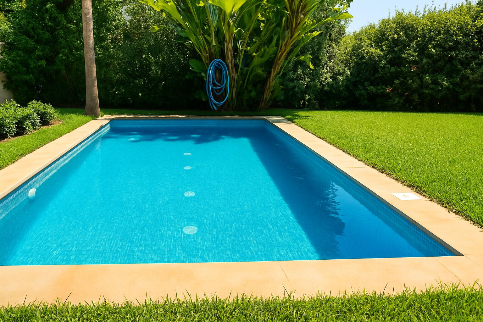Una piscina rectangular con superficie de agua azul cristalina, rodeada por un césped cuidado y abundante vegetación.