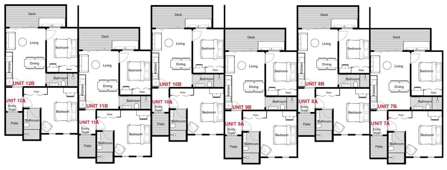 Plano de distribución de un hotel con varias unidades, cada una con dormitorio, baño, comedor y vestíbulo de entrada.