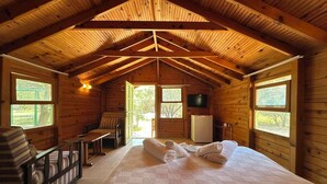 Una cabaña acogedora con techo alto, una cama, un escritorio y un televisor.
