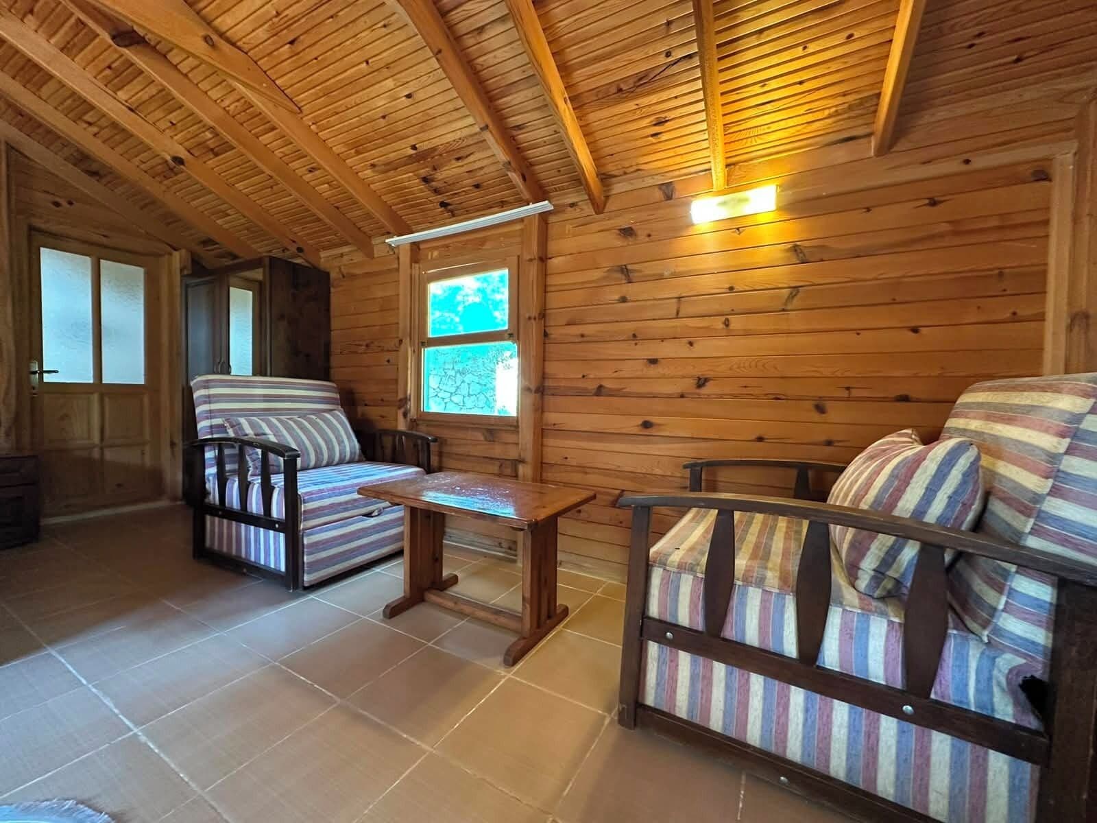 A wooden cabin interior with a sofa, armchair, and a small table.