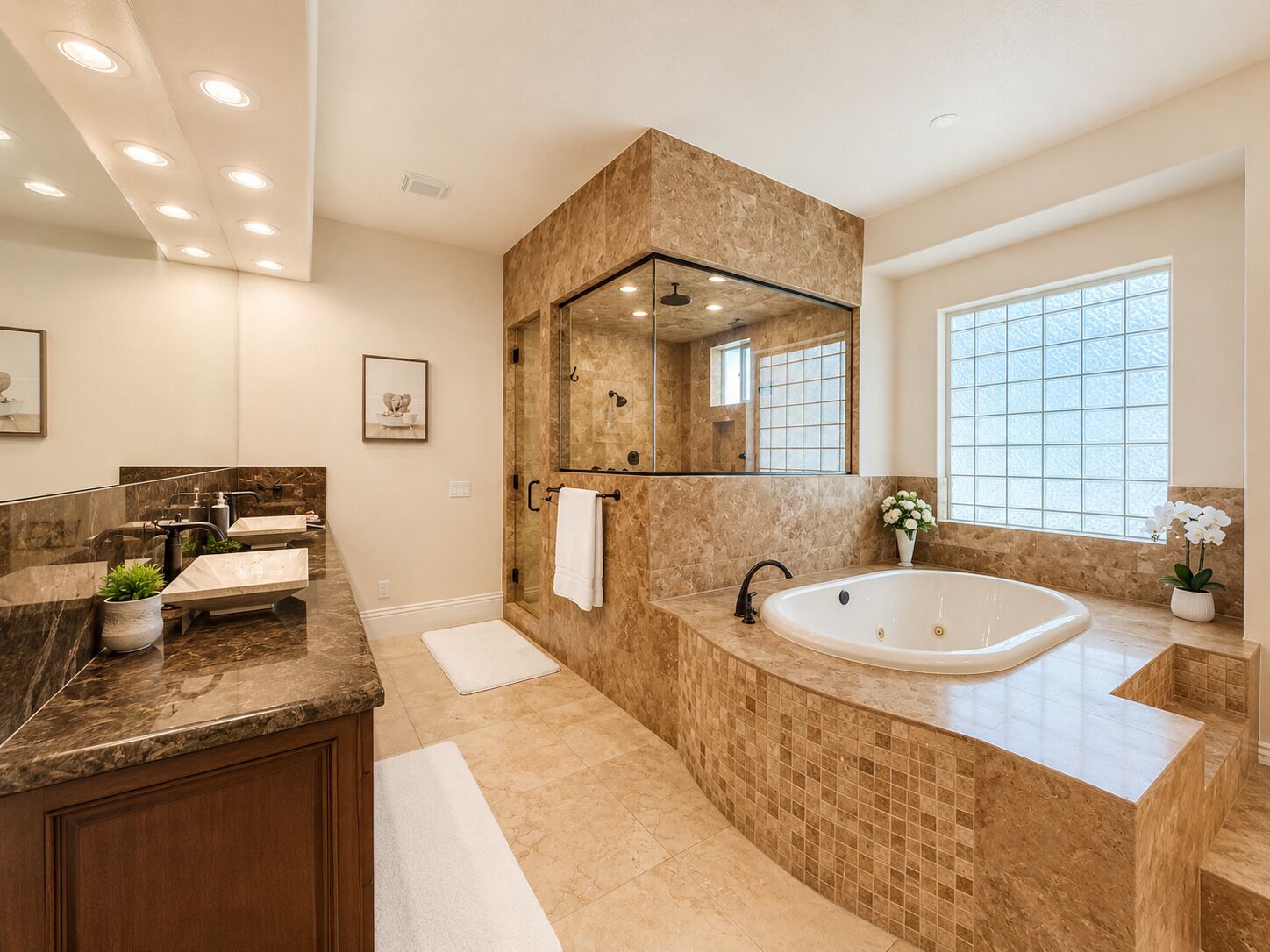 Un baño moderno con una bañera grande, dos lavamanos, una ducha con mampara de vidrio y un ventanal que proporciona luz natural.