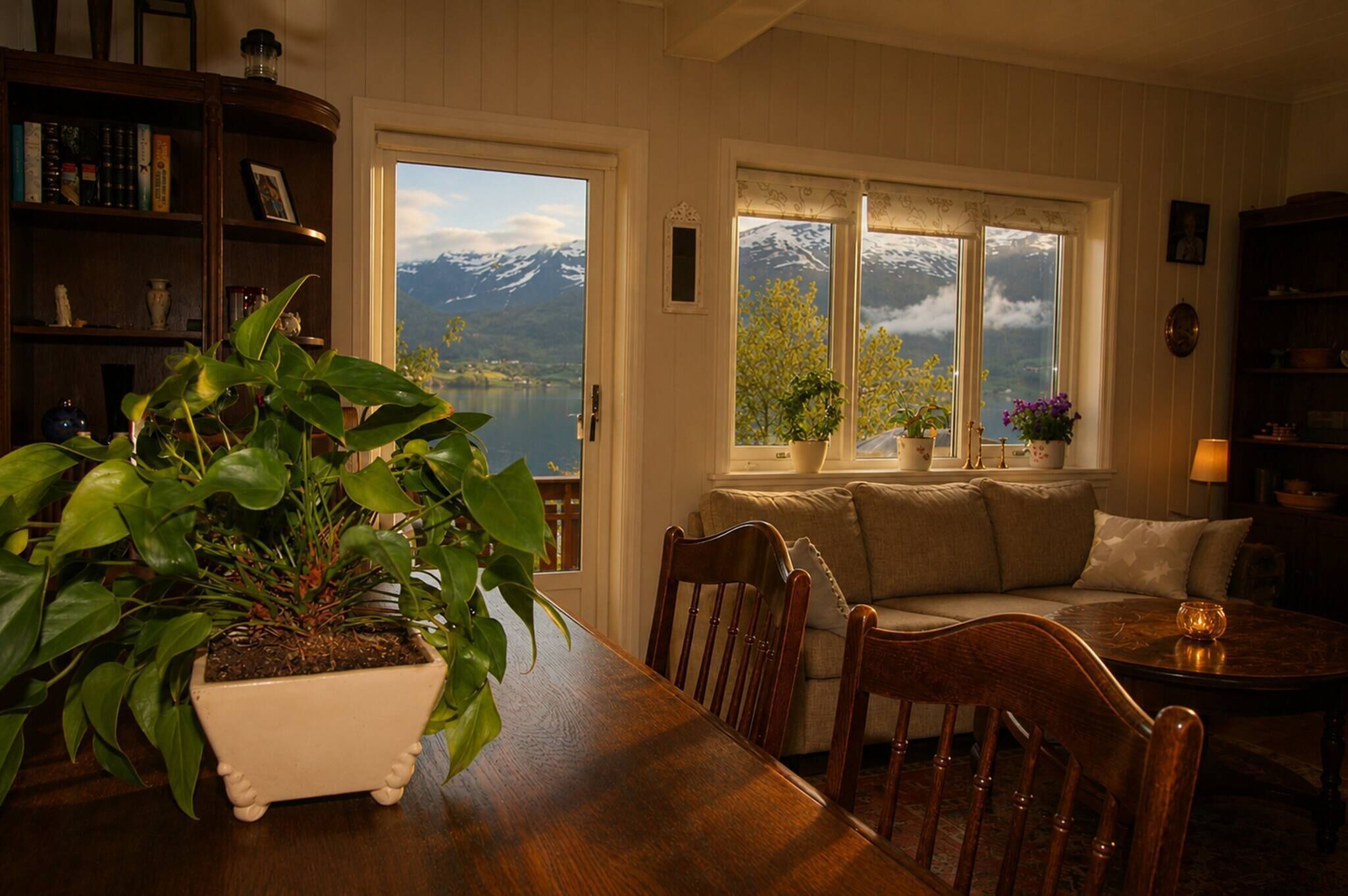 A cozy room with a wooden table, chairs, a sofa, and a bookshelf. There are windows with a view of mountains and a lake.